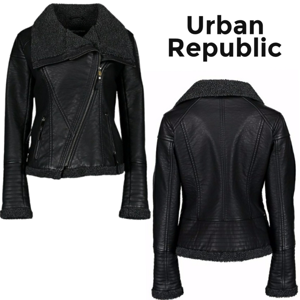 Urban Republic Black Faux-Leather & Sherpa Zip-Up Bomber Moto Jacket Sz Md